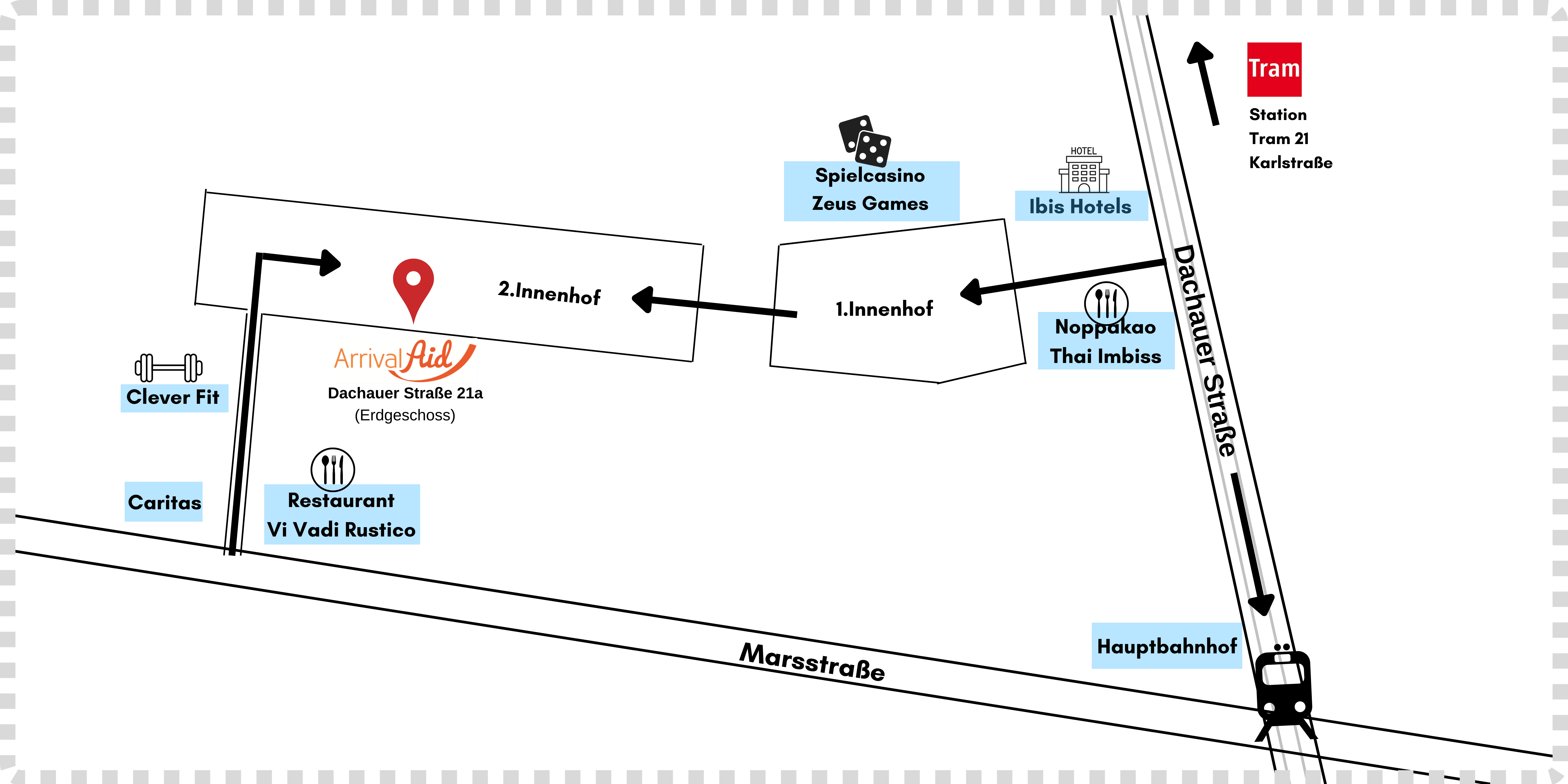 Die Abbildung zeigt die Lage unseres Büros in der Dachauer Str. 21a. Die nächste Tramstation ist die Karlstraße. Die nächste U- und S-Bahnstation ist der Hauptbahnhof München.